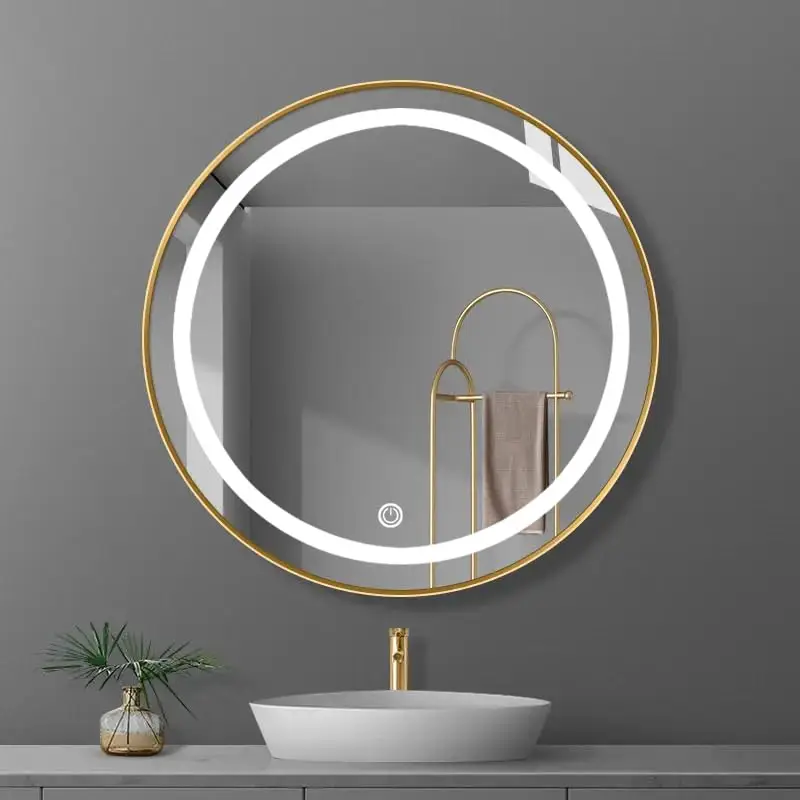 Wholesale wall decoration gold framed led bathroom mirror anti fog bath mirror with light