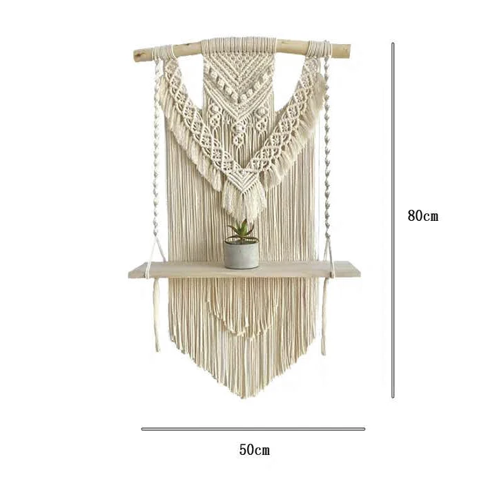 Boho wall hanging cotton rope woven macrame wooden floating shelf multifunctional frame  interior home decoration