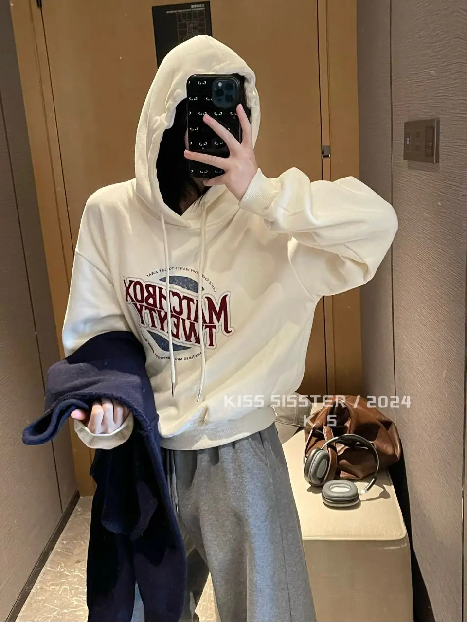 KISS SISTER Korean Version of Everything Now Casual Loose Letter Flock Print With Fleece Hoodie 24A9815