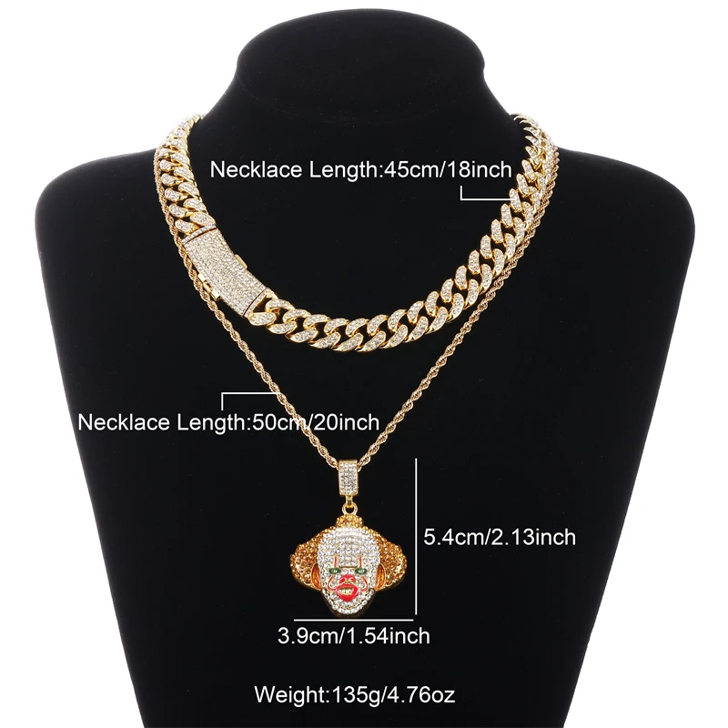 Hiphop Personality Iced Out Jewelry 18inch Alloy Cuban Chain Clown Mask Pendant Necklace Gifts Forfriends on Halloween