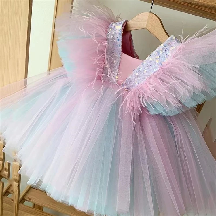Wholesale Princess Ruffles Sleeves Pink Tutu lace Dress For Birthday Party 2-12 Years Old Girls Dresses