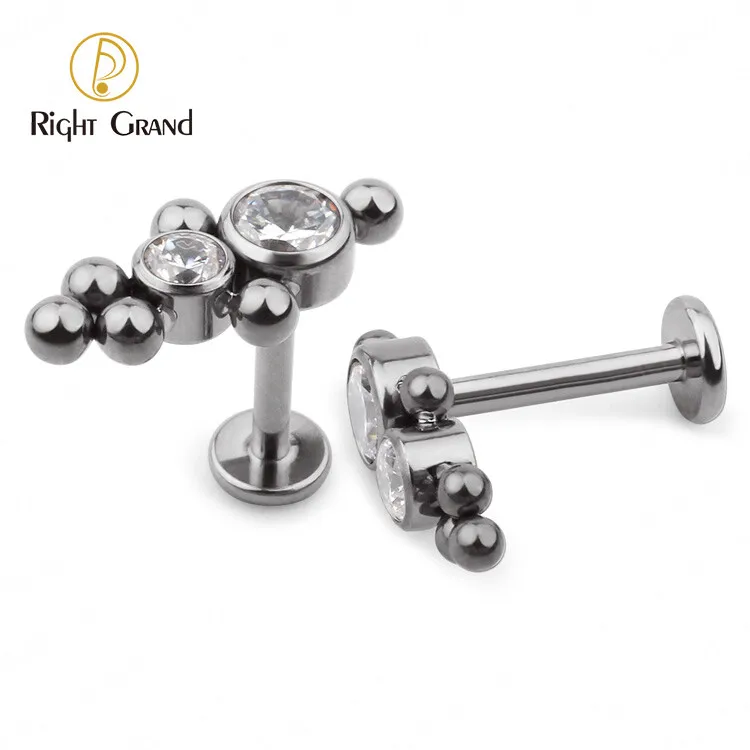 Titanium Implant Grade Internally Threaded Tops with 2 Descending Bezel Set CZ and Ball Clusters Labret Piercing