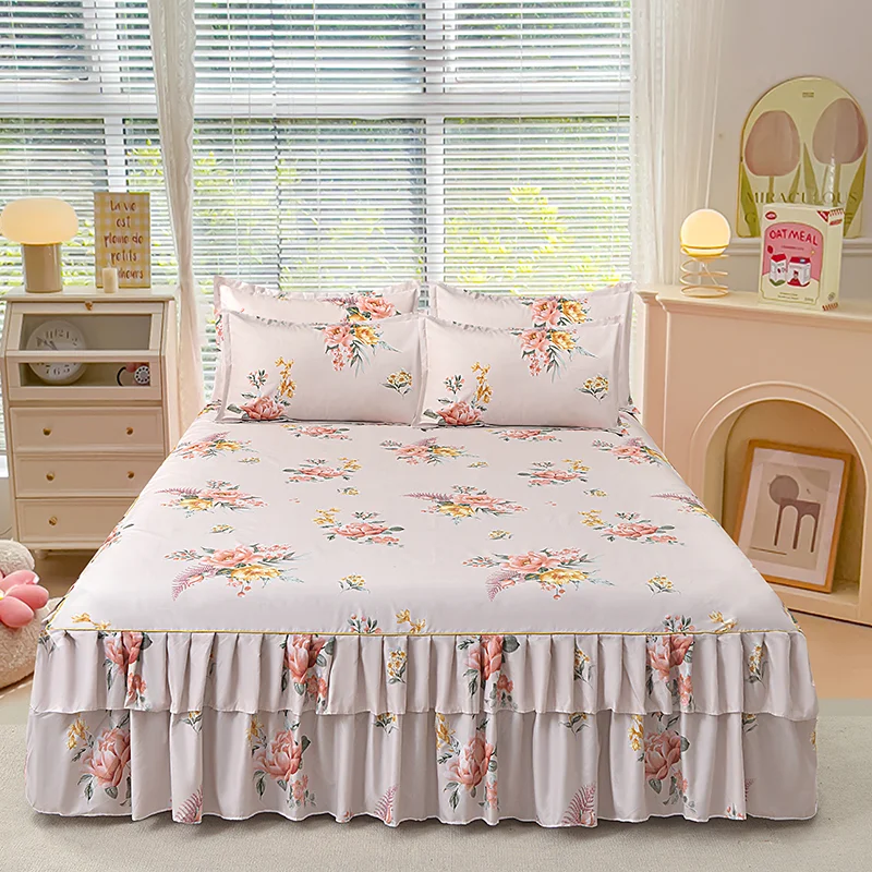 Lace Bed Sheet Skirt Set Floral Printed Bed Cover Single/Queen/King Size Bedspread + 2 pcs Of Pillowcase Bedsheets