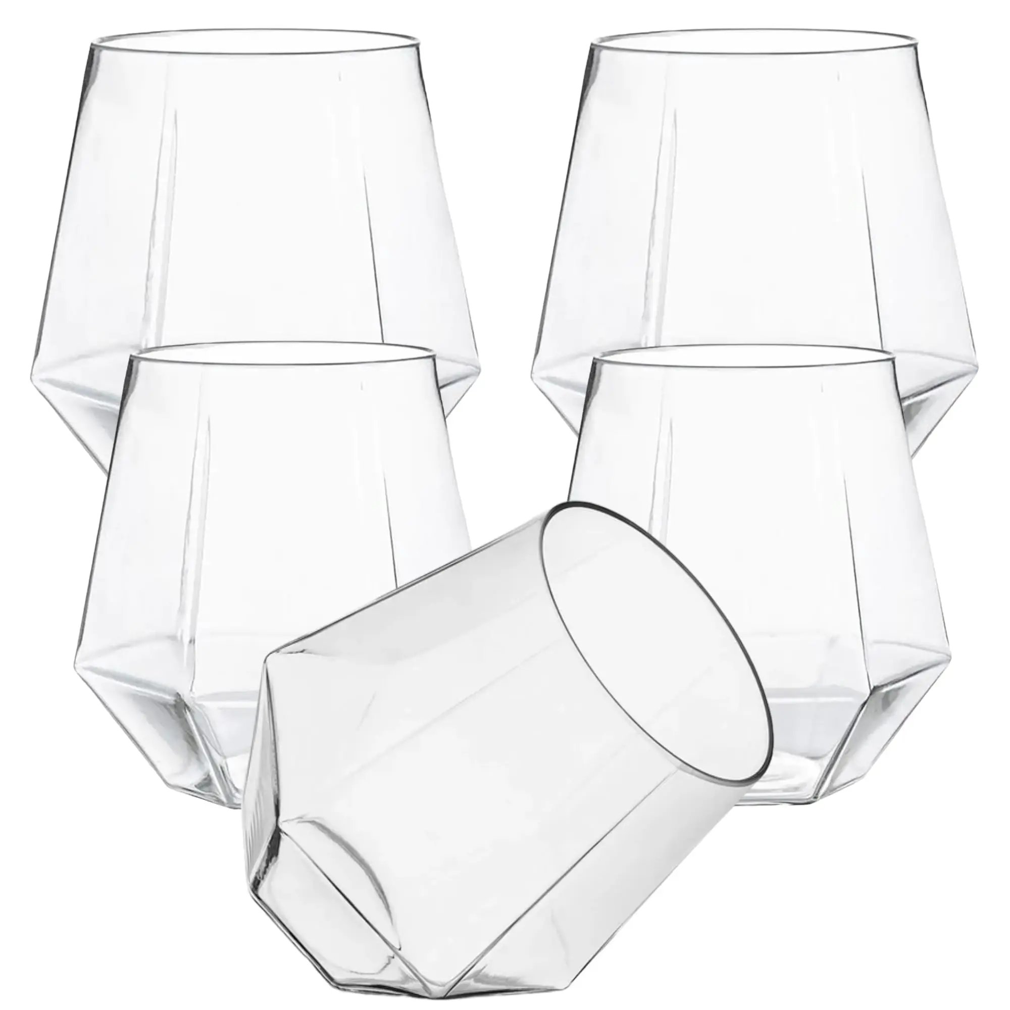 Diamond Shaped Plastic Stemless Wine Glasses Disposable 12 Oz Clear Plastic Wine Whiskey Cups Shatterproof Recyclable Cup
