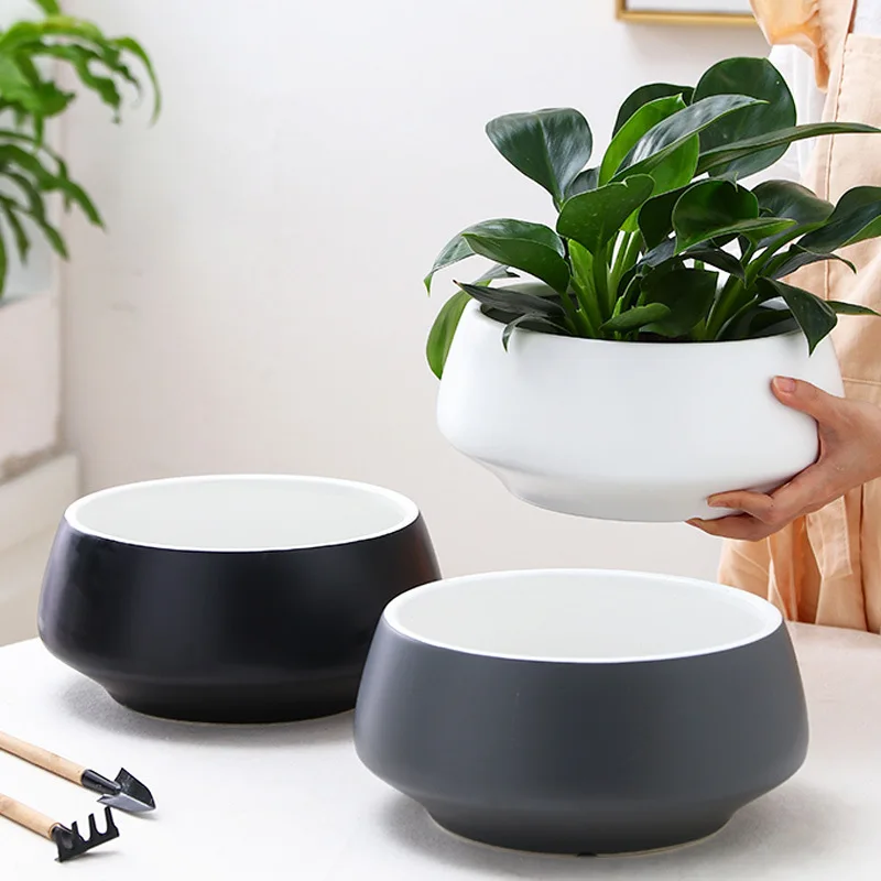 Chinese Factory Hot Sale Glossy Matte Glazed Ceramic Planter Large Capacity Planter With Same Color Tray For Home Decor