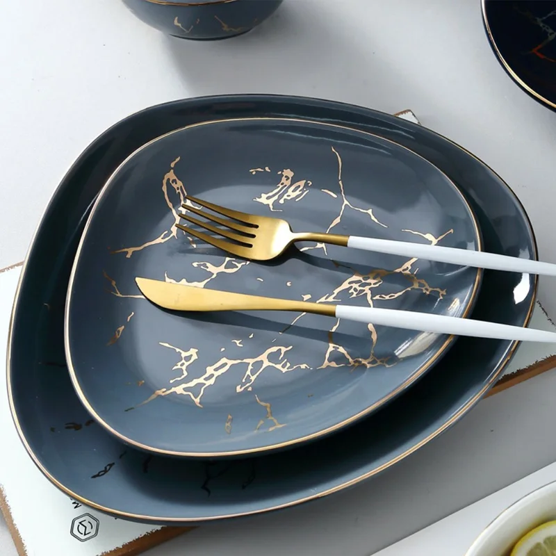 Wholesale Luxury Marbled Ceramic Nordic Style Tableware Bowls Dinner Plate With Gold Rim