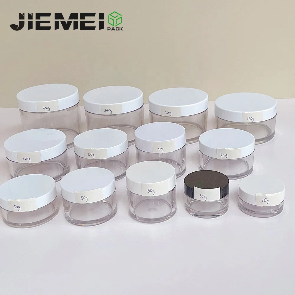 JIE MEI Stock 15g 30g 50g 80g 100g 120g 150g 200g 250g 300g Thick Wall PET Empty Face Cream Jar Custom Logo Body Scrub Container