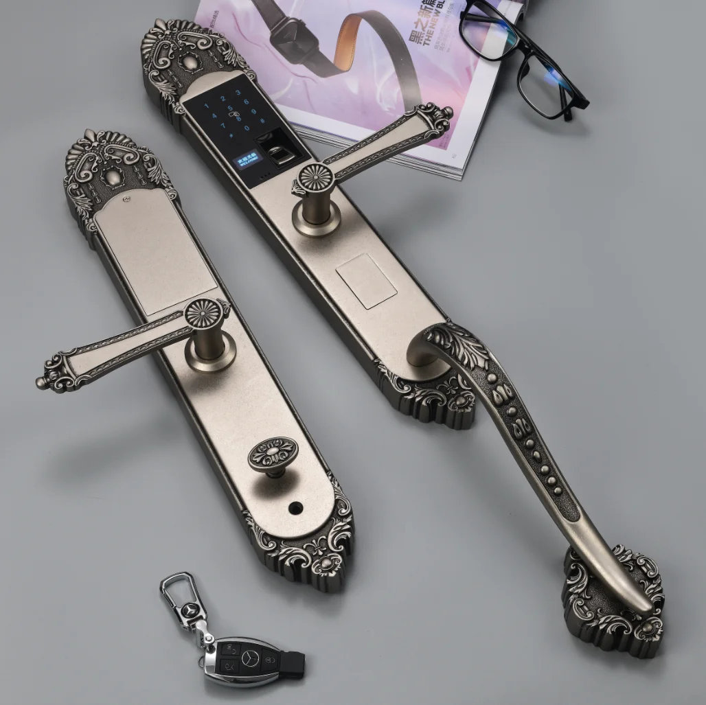 Однотонный кованый смарт-замок для двери из чистой меди с отпечатком пальца, античная латунь с ручкой, набор винтажных роскошных моделей