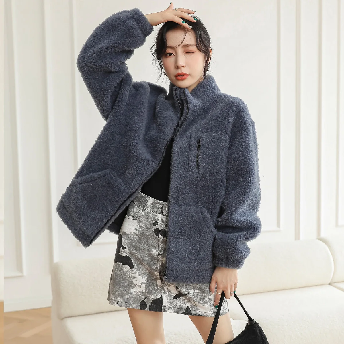 Winter Puffer Fur Wool Slim Sleeve Jacket Coat Fox Faux Fur Coats