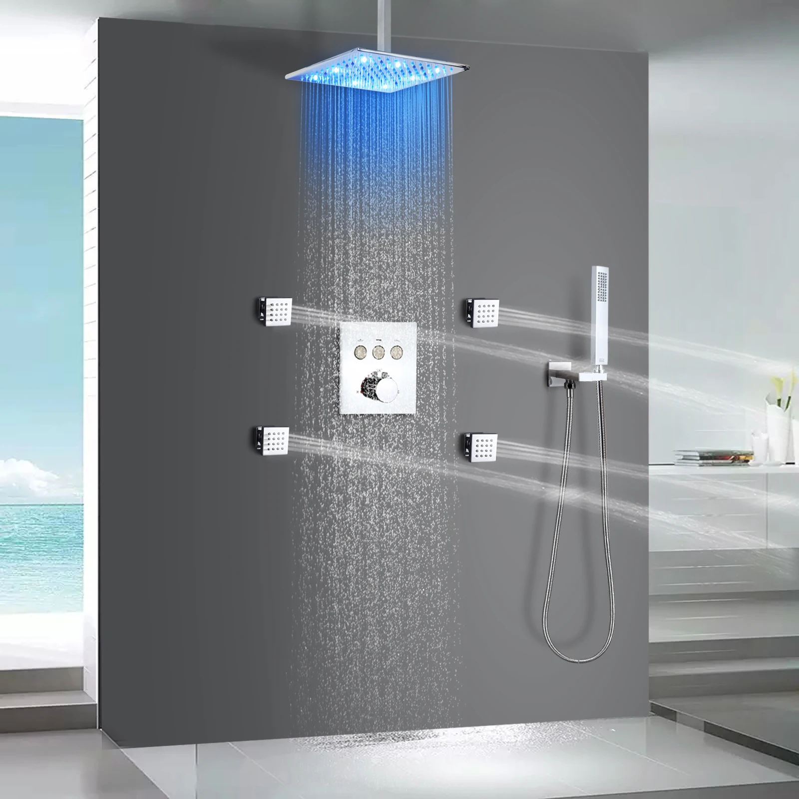 CUPC Ceiling LED Shower Set 10inches Bathroom SPA Rainfall Shower Head System Thermostatic Push Button Panel Mixer Faucets