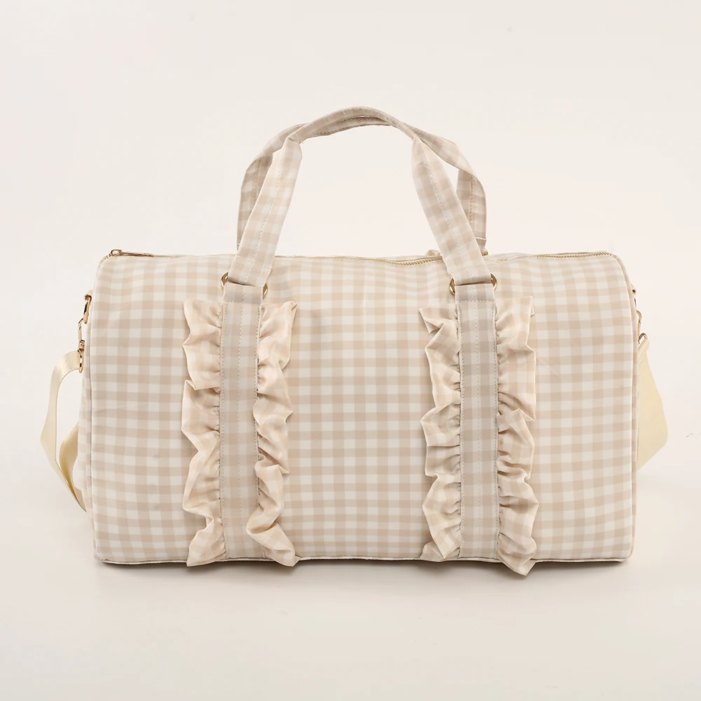 Stock Custom Glitter Patches Personalized Gingham Women Lady Ruffle Travel Toiletry Storage Makeup Cosmetic Bag