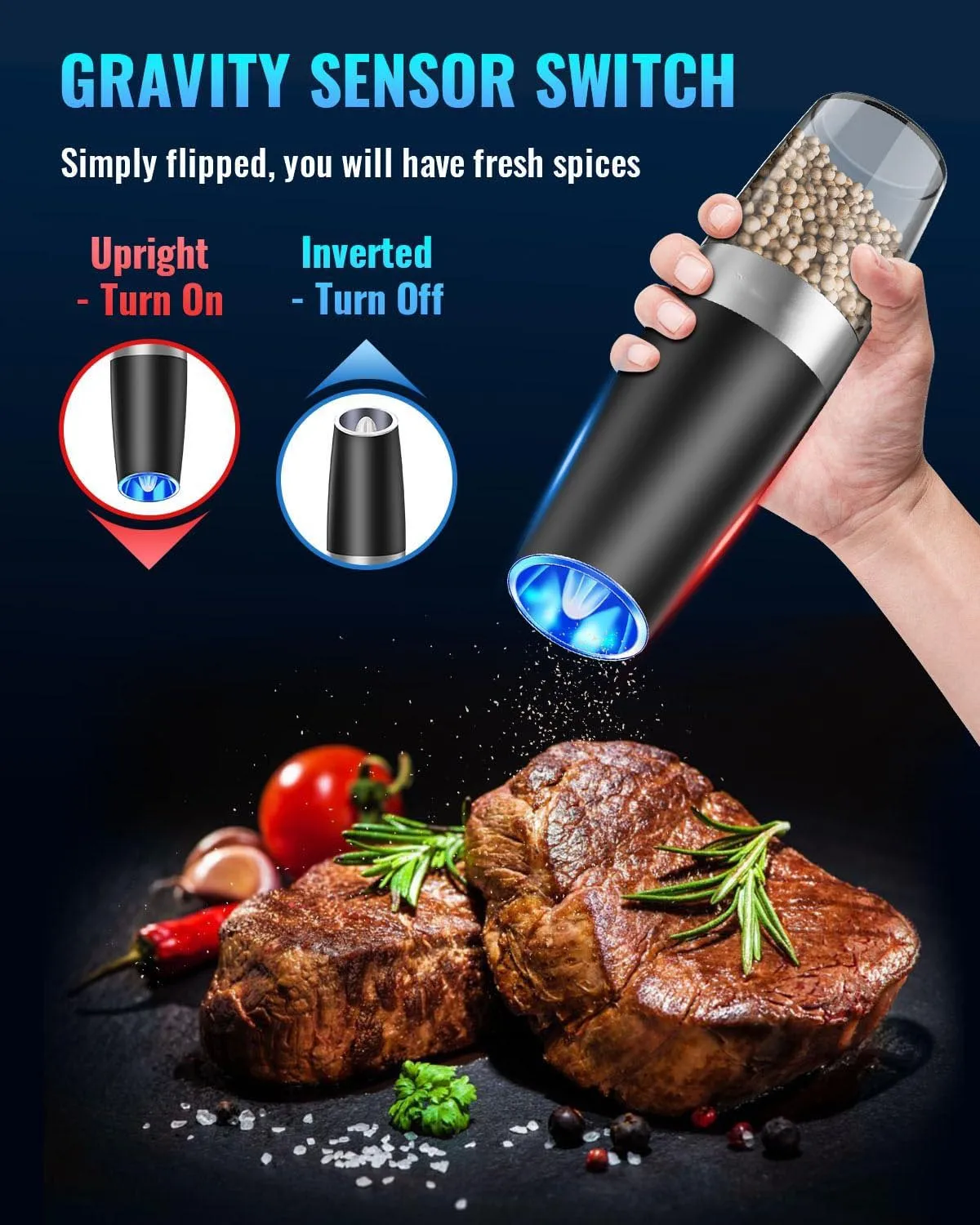 Hot Selling Gravity Electric Pepper and Salt Grinder Set, Adjustable Coarseness, Battery Powered with LED Light
