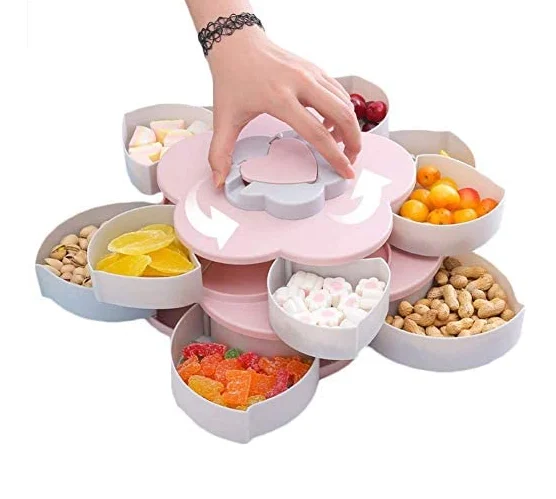 Rotating snack tray double petal-shaped snack platter 10 segmented candy containers with mobile phone holders