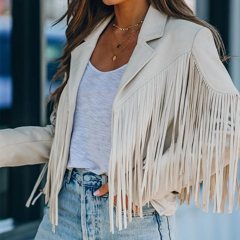 Factory Wholesale Autumn 2022 Long Sleebve Crop Fringe Faux Suede Jacket For Women