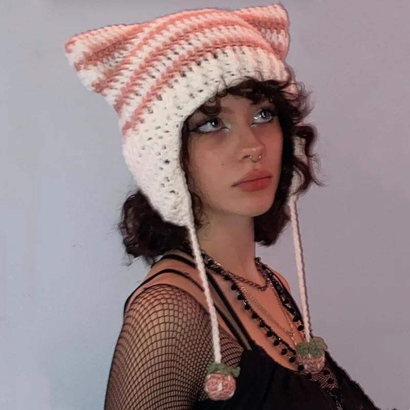 Girl Handmade Crochet Hat Demon Horn Hat Fashion and Cute with Earflaps Creative 2023 Hot Sale Custom Knit Adults Winter COMMON