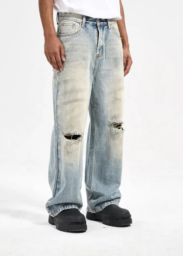 Custom label  drop ship  stock street wear stock baggy jeans manufacturer men blue stacked flared denim jeans