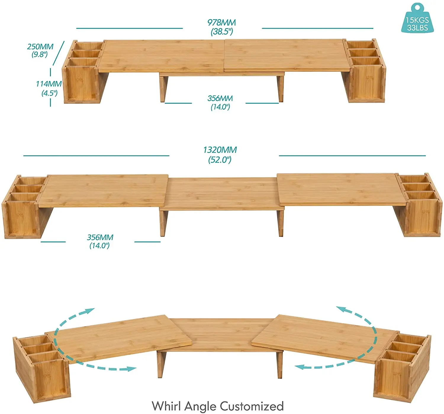 2022 Wood Bamboo Dual Computer Monitor Riser 3 Screen Laptop Stand With Storage Organiser