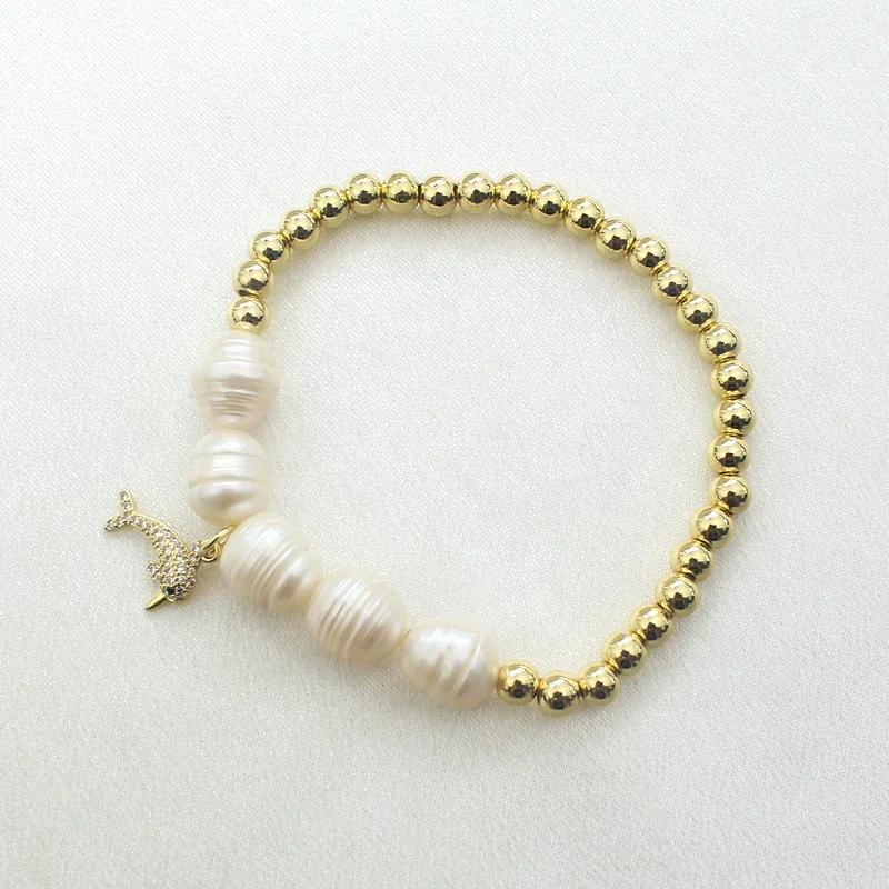 CH-JDT0282 Beautiful Freshwater Pearl Beads Elastic Bracelet Fashion Micro Pave CZ Shell/Angel/Dolphins Charm Bracelet Wholesale