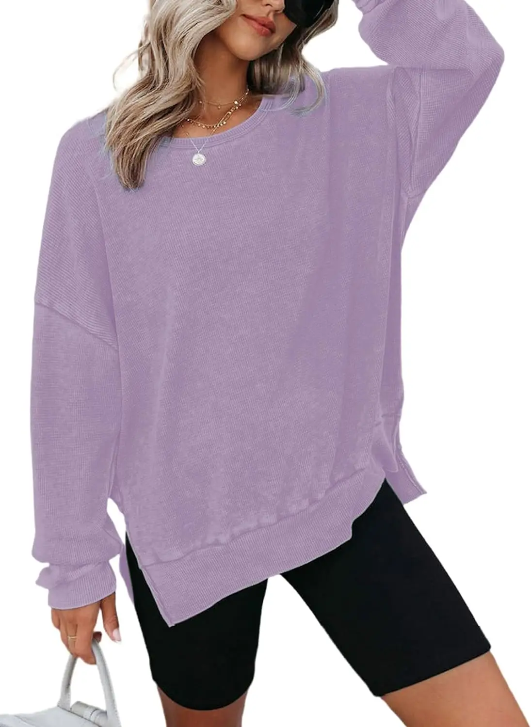 Womens Oversized Waffle Knit Crewneck Sweatshirts Long Sleeve Side Slits Casual Pullover Sweatshirt Tops