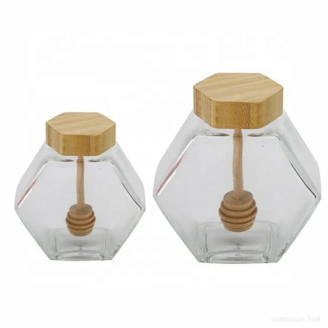 Hot Selling Product Food Grade Unique Empty Clear Hexagonal Glass Honey Jars With Wooden Dipper