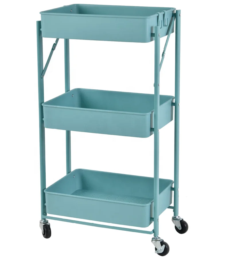 3 Tier Rolling Utility Kitchen Portable Folding Cart Shelves Multifunction Tool Trolley Service Cart With Mesh Basket Handles