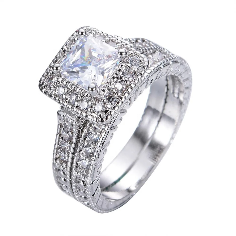 Wedding ring set fashion 10KT white square diamond ring set