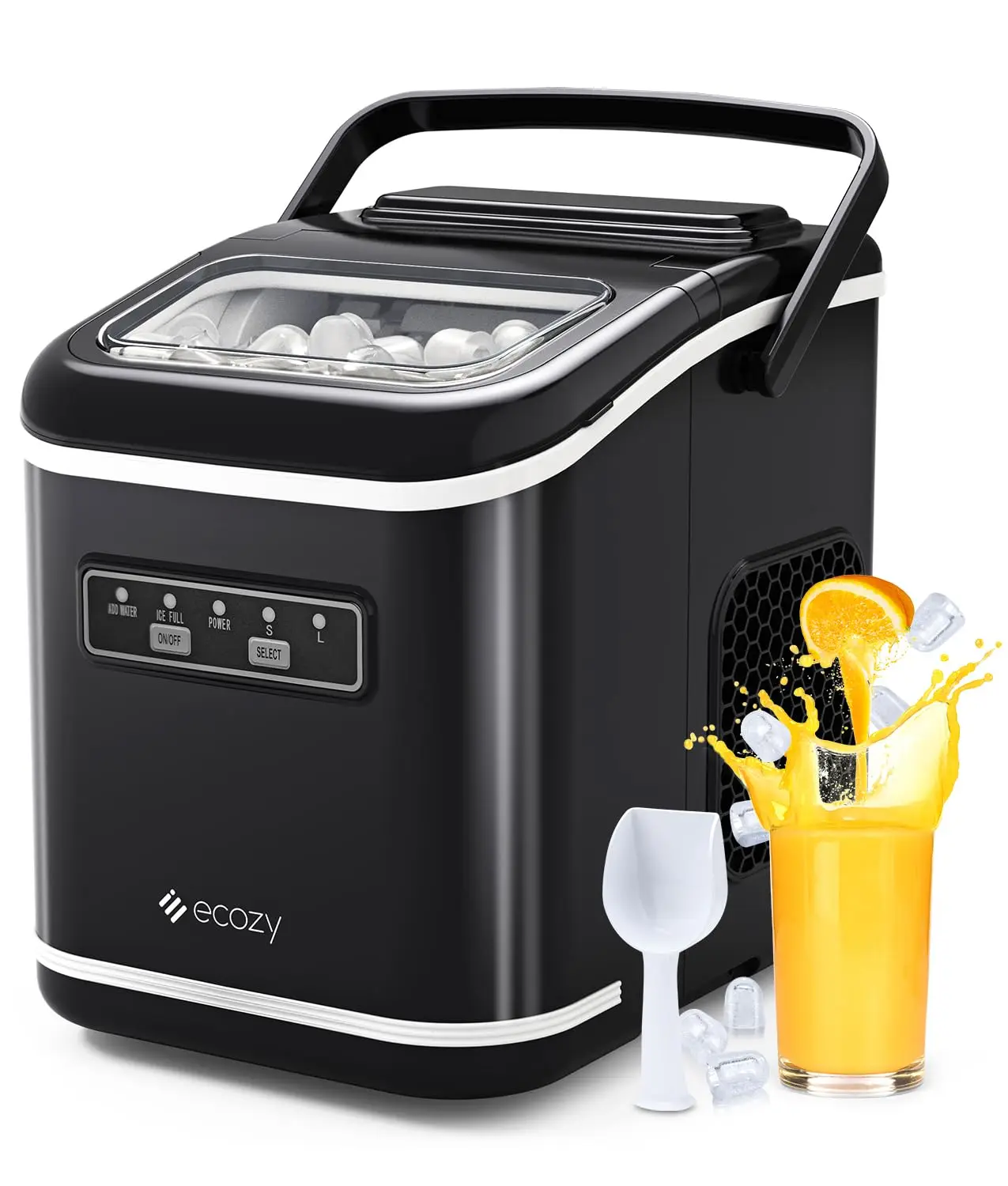 ecozy US Stock Black Portable Ice Maker Machine Home Countertop 9 Bullet Ice Cubes in 6 Mins 26lbs/24Hrs Ice Maker