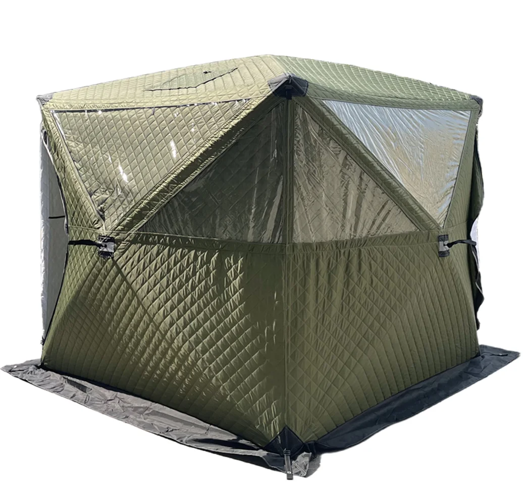 Hot selling three layer waterproof insulation winter ice fish cube pop up tent transparent skylight sauna tent with chimney hole