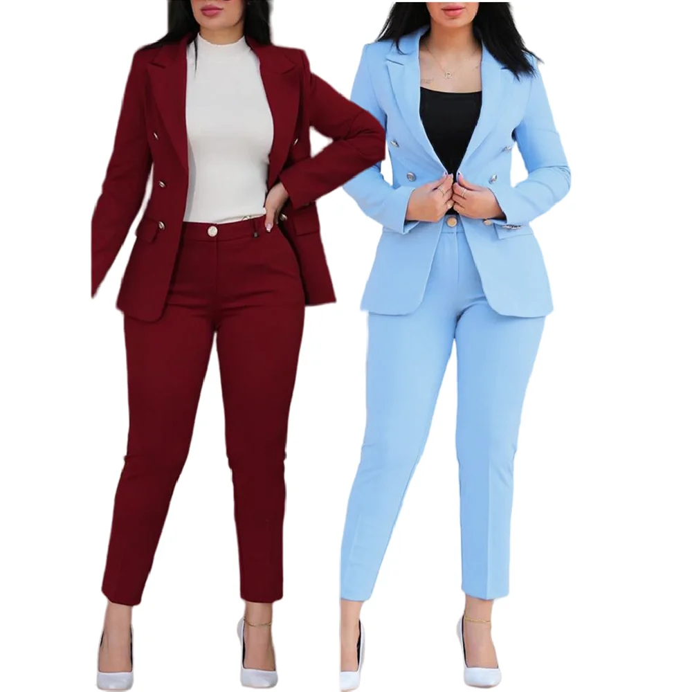 ladies Suits Office Wear Solid Long Sleeve Pants Blazer Set Elegant Casual Suits Set For Women