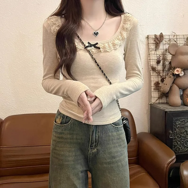 Spring and Autumn High Quality U-Neck Sexy Underlay T-shirt for Women with Lace Splicing Waist Closure Inner Layup with Clothes