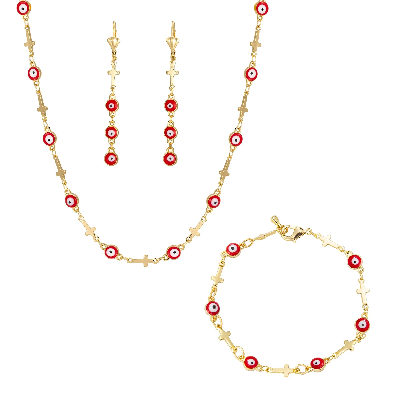 Elfic fashion eye evil cross necklace gold chain bracelet earrings jewelry set tricolor 14k gold plated oro laminado joyeria