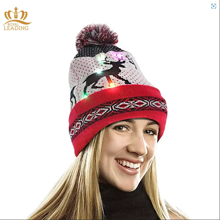 Professional Christmas Decoration Supplies Knitted Christmas Beanie Santa Hat Light Up Knitted Hat LED Christmas Lighting Hats