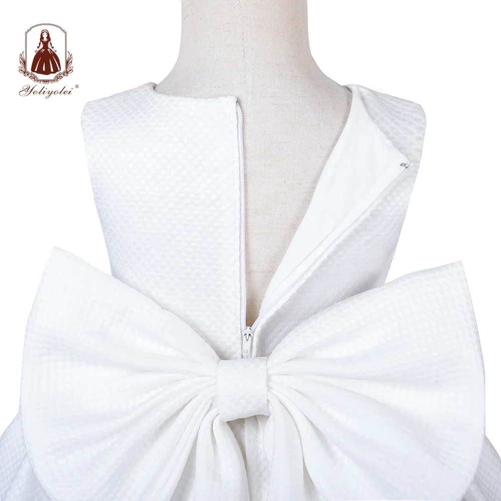 Wholesale Children Girl Summer Solid White Clothing Sweet Baby Kids Girls Ball Gown Wedding Party Dress With Bow