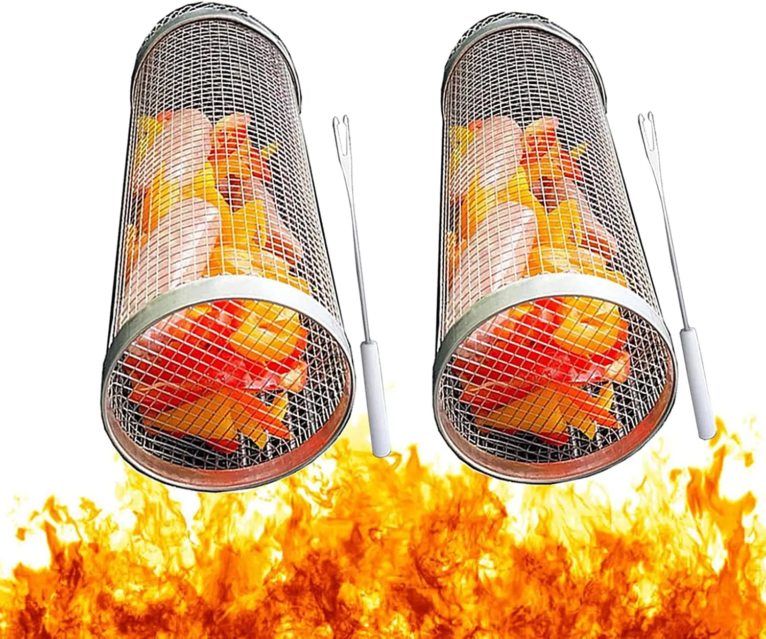 304 stainless steel round BBQ grill basket BBQ mesh cylinder for vegetables meat fish