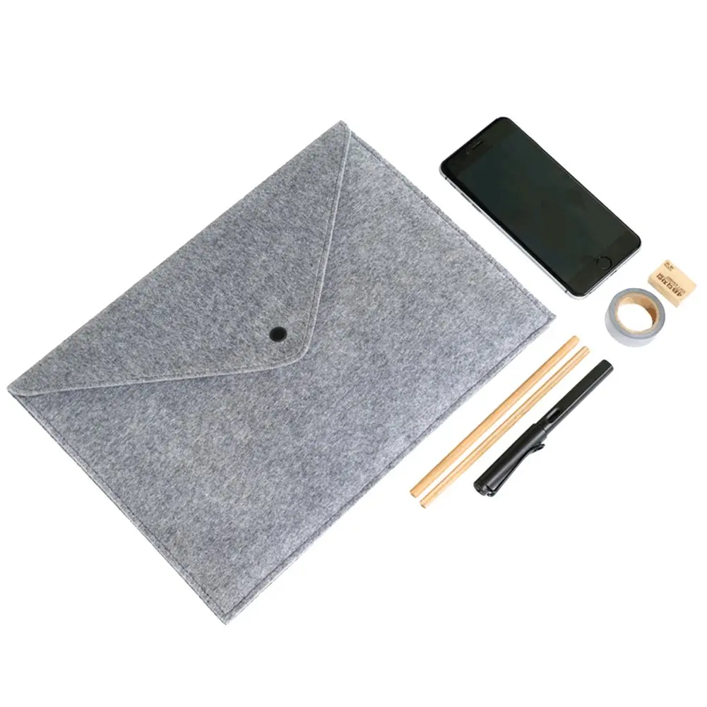 2024 Custom Light Grey Thick Felt Envelope File Pocket with Button Printed and Embossed Logo