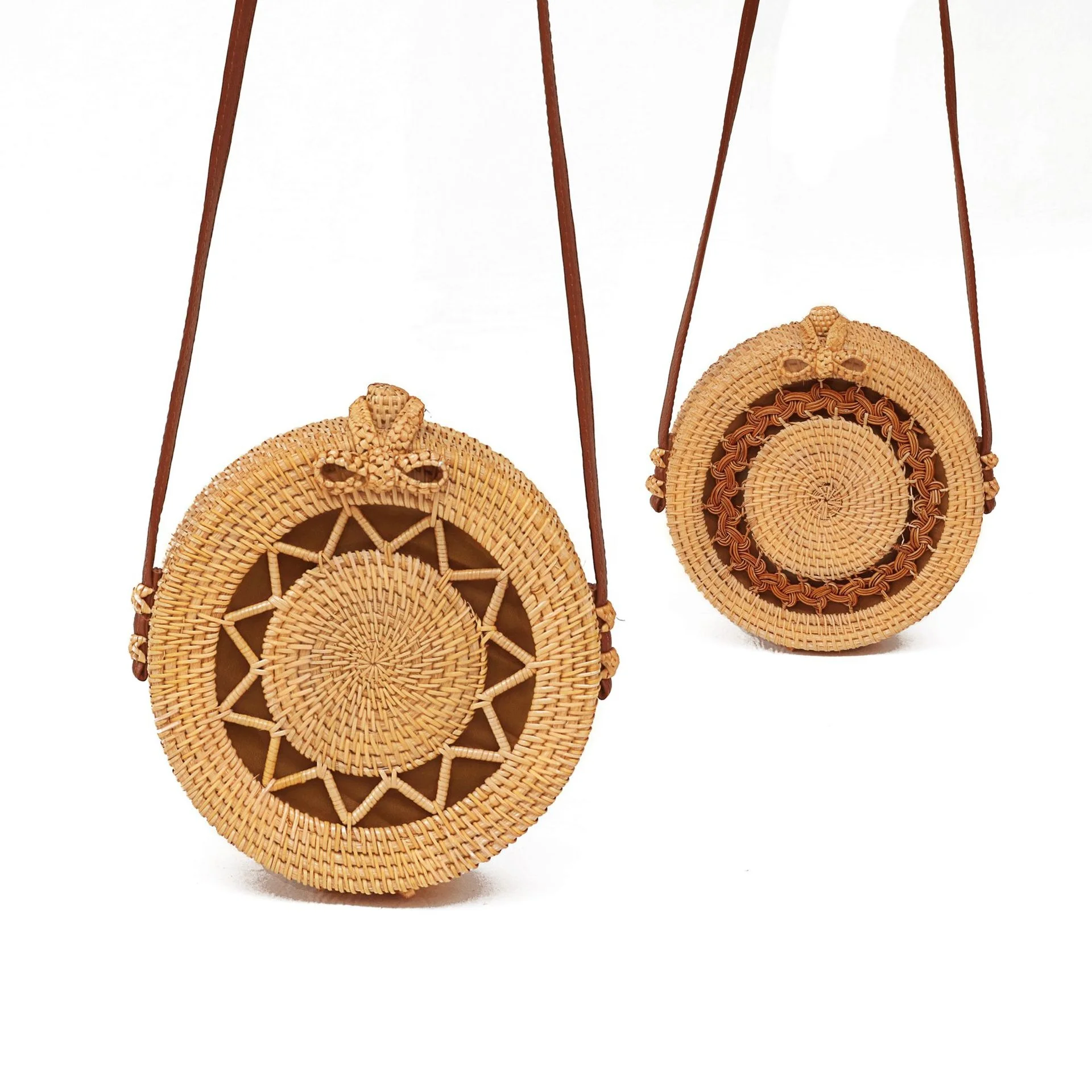 Purse Hobo Mini Rattan Handmade Hollow Out Flowers Round Vintage Rattan Straw Bags
