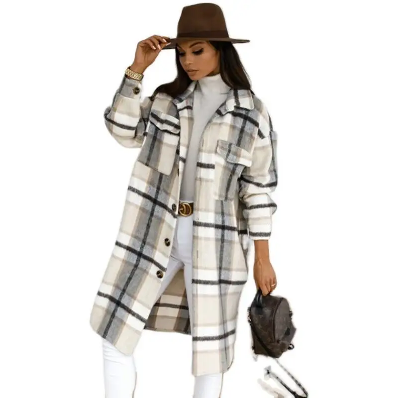 2022 Fashion Long Sleeve Plaid Print Shirt Woolen Coat Winter Long Jacket
