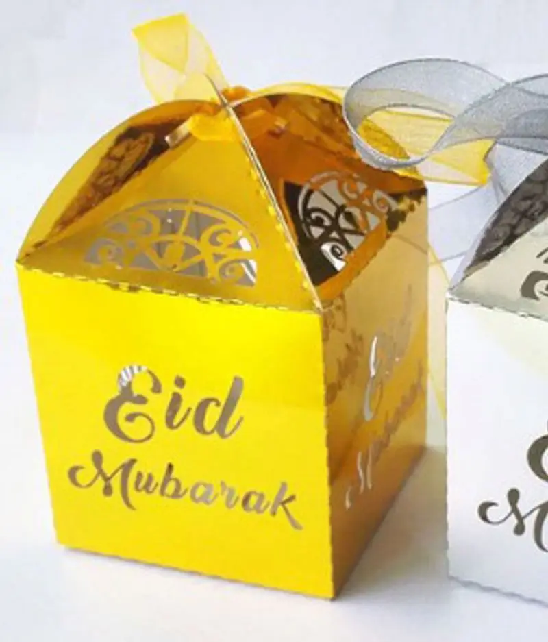 Hot Sale Gold Silver Eid Mubarak Black Hollow Candy Gift Box Ramadan Decorations Islamic Party Happy Eid Mubarak Snacks Box