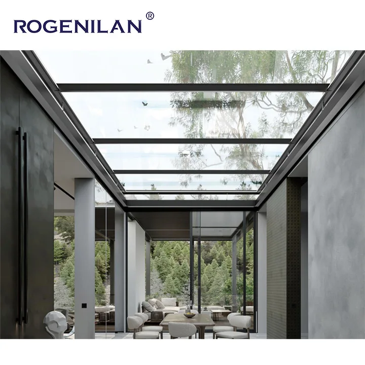 ROGENILAN Motorised Automatic Retractable Open Air Aluminium Glass Sliding Roof Rooflight Smart Aluminum Glazing Skylight Window