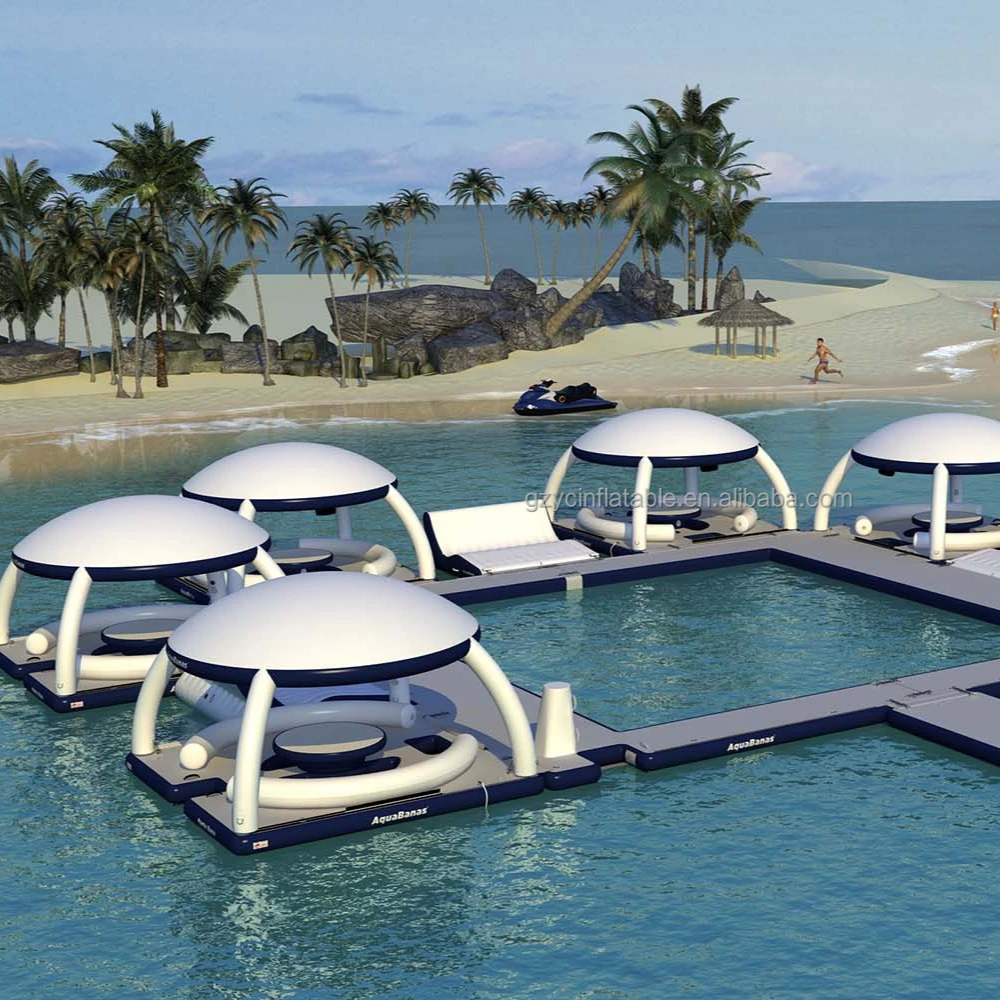 Inflatable water floating island platform inflatable swim dock with canopy/tent water play equipment for business