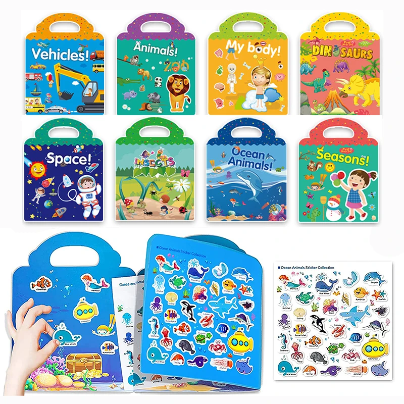 Hot Sale Children Scene Educational Stickers DIY Hand-on Puzzle Sticker Books Reusable Cartoon Animal Learning Cognition Toys