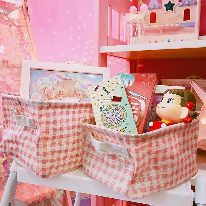 Girl lovely pink lattice home cotton linen fabric art storage basket cosmetics sundry storage basket desktop storage box
