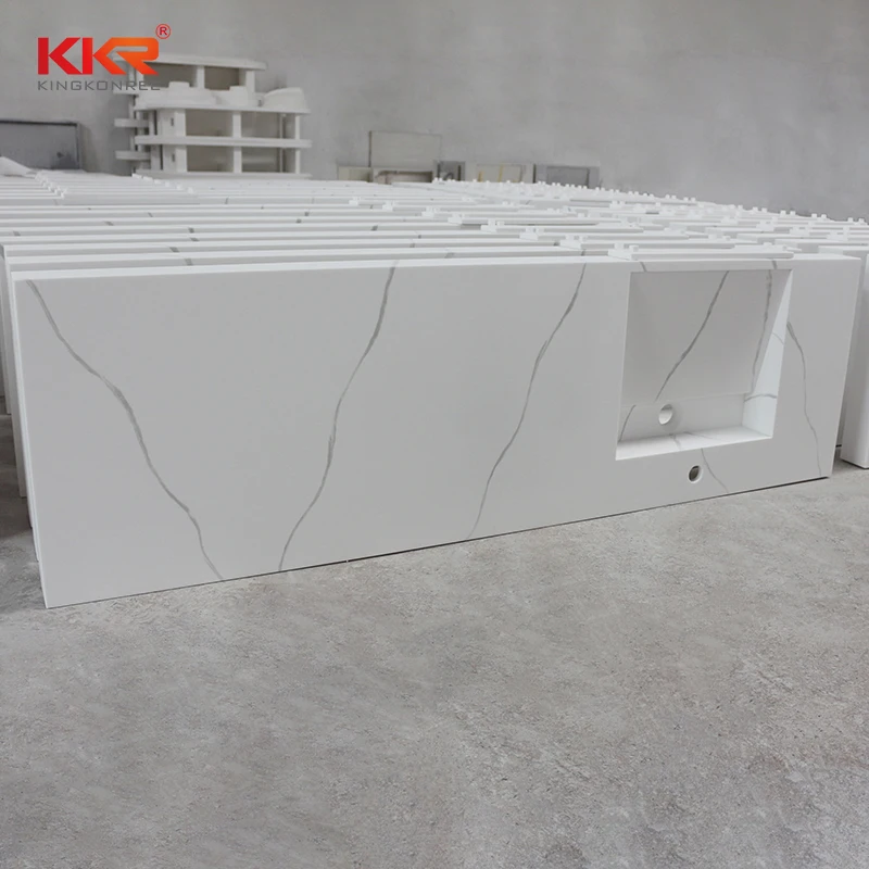 OEM modern artificial marble Carrara white acrylic solid surface waterfall kitchen counter tops island