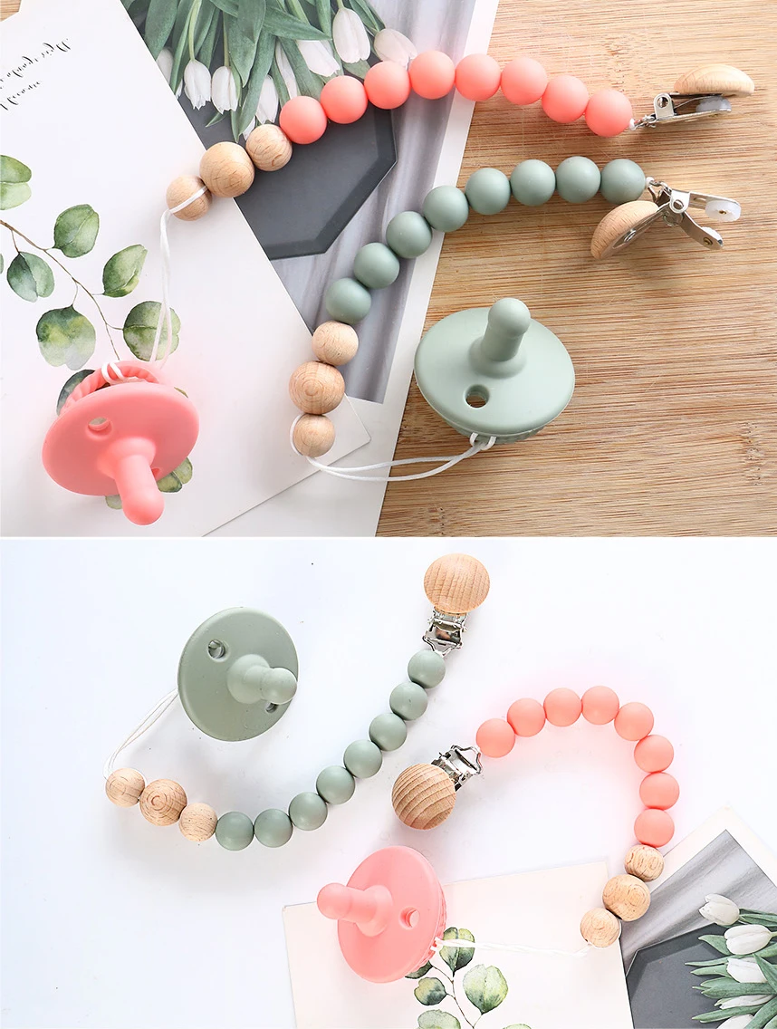 Custom logo infant soother silicone teething nipple food grade baby pacifier with wooden bead teething clip/holder/Chain