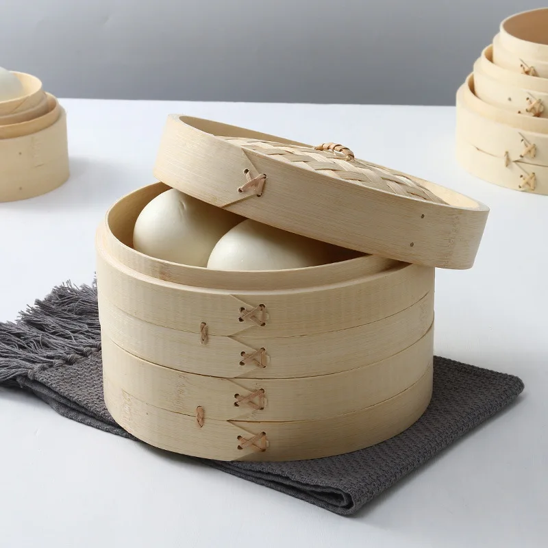 Kitchen accessories 10 inch 12 inch dumpling sticky rice food dim soup wood 2 tier mini dim sum bamboo steamer dim sum