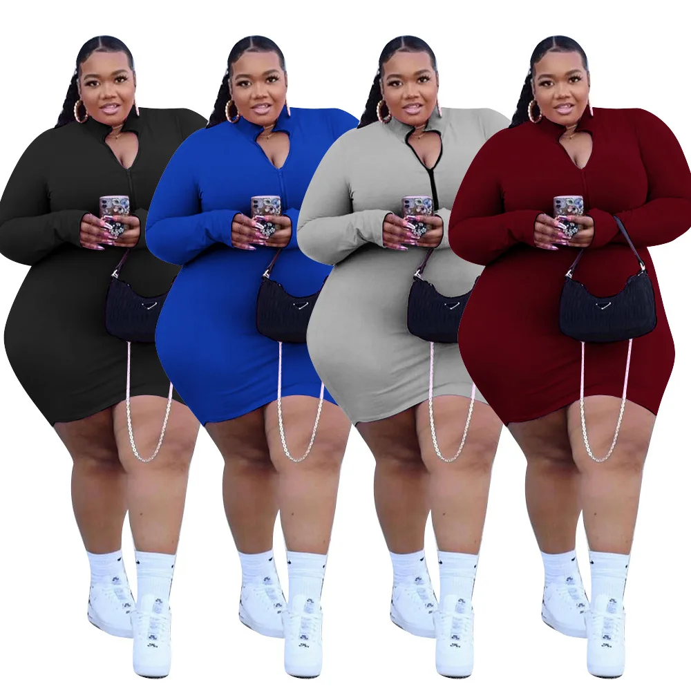 quality fat woman fashion 5XL plus size women dress high stretchy zip up bodycon long sleeve dresses solid color summer casual