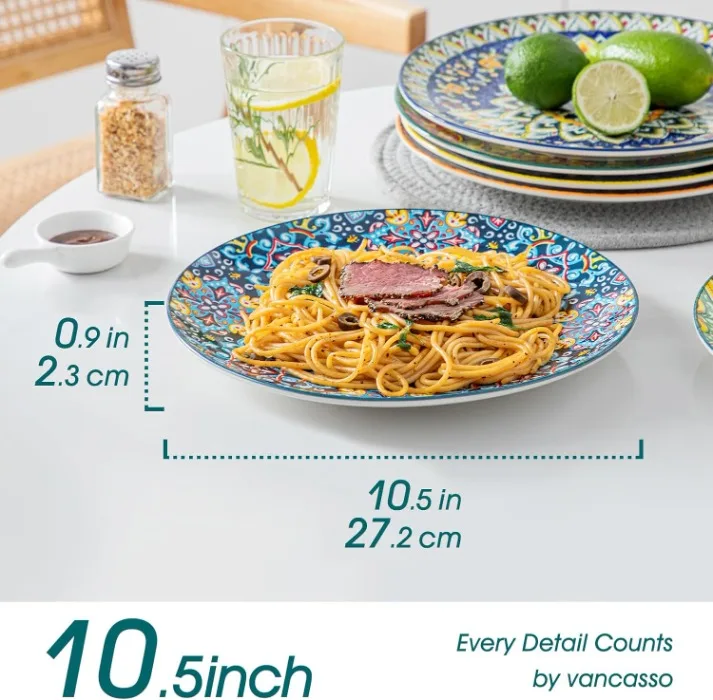 Set of 6 Bohemian Style 10.5-Inch Ceramic Dinner Plates Microwave and Dishwasher Safe Colorful Pottery & Enamel Dishes