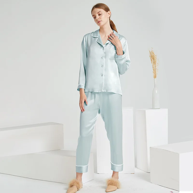 2024 Fashion Breathable 100% Mulberry silk Pajamas Customized Silk Shirt and Pants Long Sleeve Sexy Silk Sleepwear