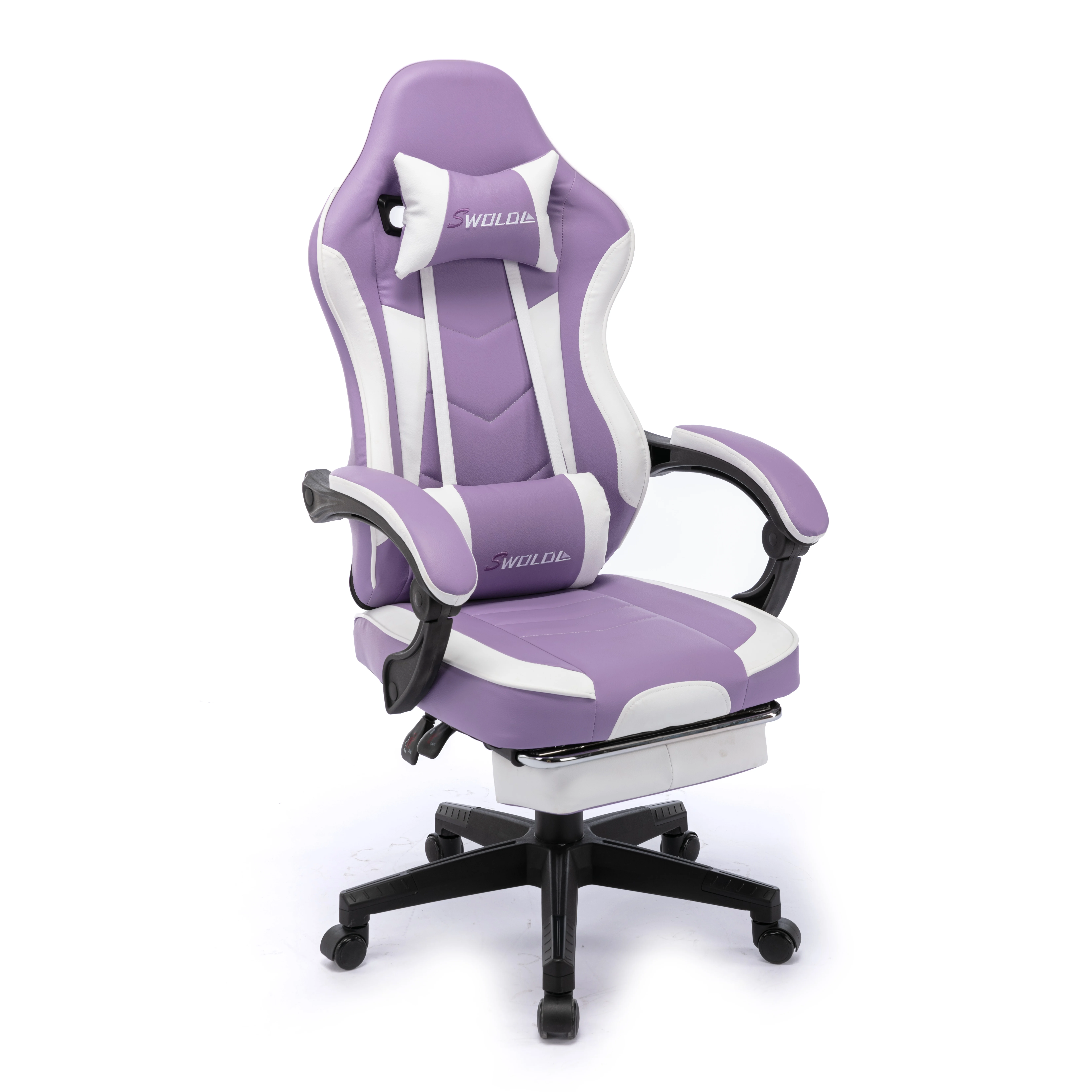 Hot Factory Direct Sales Purple-and-White Color Reclinable and 360 Degree Swivel Gaming chair with Extendable Footrest