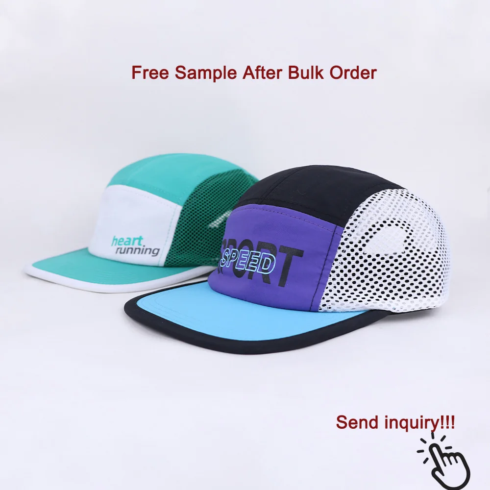 custom logo wholesale nylon polyester mesh print logo 5 panels hat running camp caps